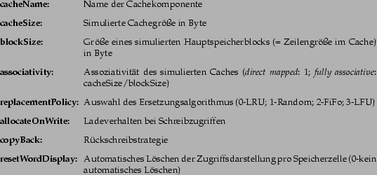 \begin{deflist}{replacementPolicy:}\item [cacheName:] Name der Cachekomponente......riffsdarstellung pro Speicherzelle (0-kein automatisches Löschen)\end{deflist}